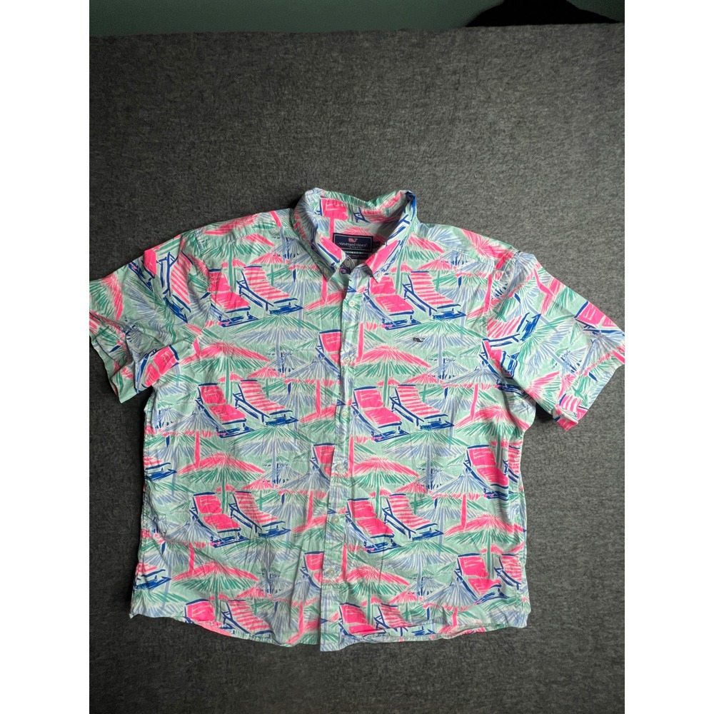 Vineyard Vines Mens XXL Beach Chair Palm Tree Print Cotton Whale Shirt Pink Blue - Picture 2 of 8